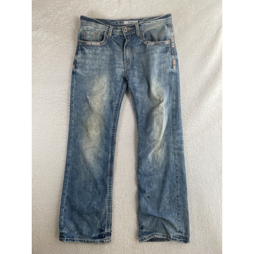 BKE Buckle Jeans Mens Sz 30S Jake Straight Leg Blue Medium Wash Distressed